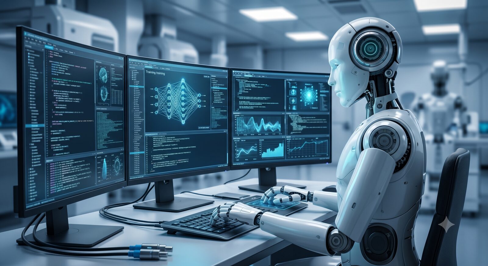 Robô humanoide operando estação de trabalho com três monitores exibindo código, redes neurais em treinamento e gráficos de métricas em laboratório de IA.